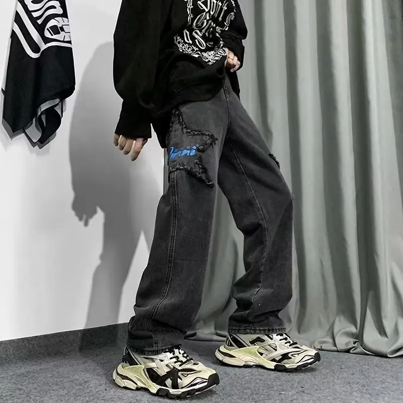 Men Black Cotton Jogger Pants Straight Star Casual Pants
