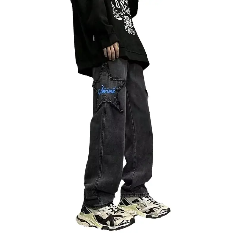 Men Black Cotton Jogger Pants Straight Star Casual Pants