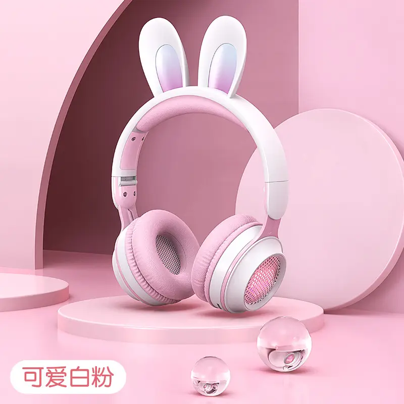 Pink Over-Ear Wireless Gaming Earphones with Rabbit Ears