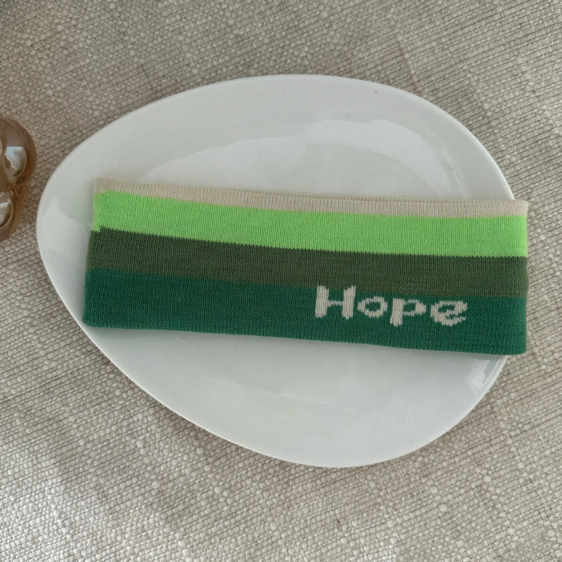 Green Knitted Hair Band with Hope Print - Image 3