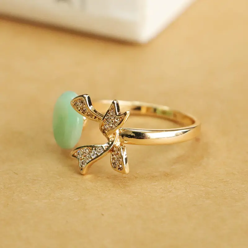 Green Jade Butterfly Ring with Crystal Accents