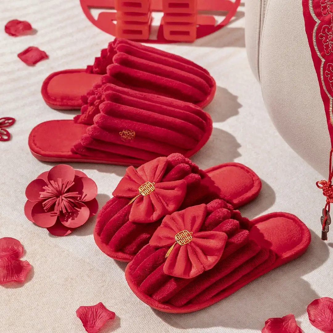 Wedding Cotton Slippers for Women, Autumn and Winter Festive Red 2026 New Model, High-End Light Luxury Bridal Plush Couple Home Slippers for Men - Image 5