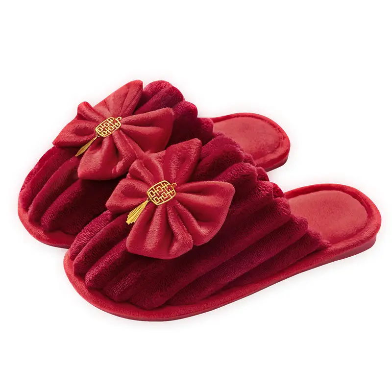 Wedding Cotton Slippers for Women, Autumn and Winter Festive Red 2026 New Model, High-End Light Luxury Bridal Plush Couple Home Slippers for Men - Image 7