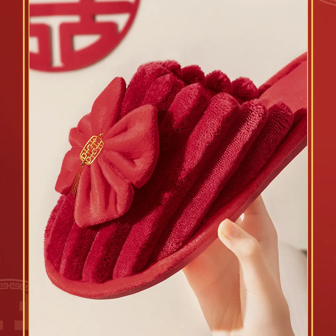 Wedding Cotton Slippers for Women, Autumn and Winter Festive Red 2026 New Model, High-End Light Luxury Bridal Plush Couple Home Slippers for Men — feature 11