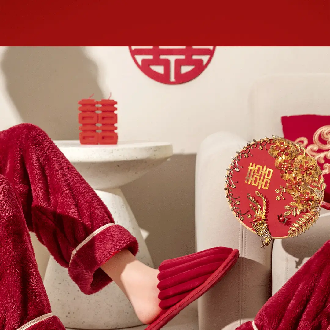 Wedding Cotton Slippers for Women, Autumn and Winter Festive Red 2026 New Model, High-End Light Luxury Bridal Plush Couple Home Slippers for Men — feature 23