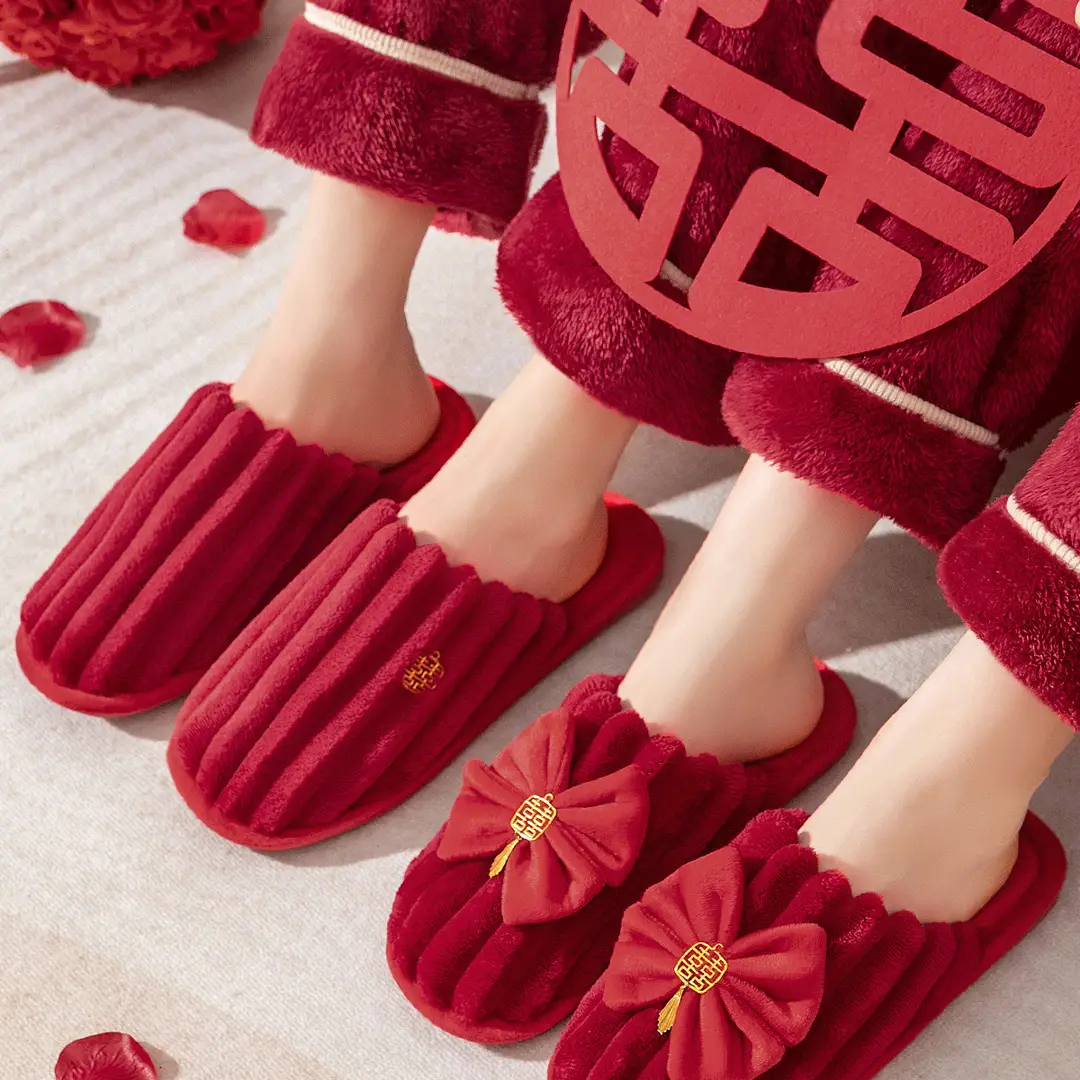 Wedding Cotton Slippers for Women, Autumn and Winter Festive Red 2026 New Model, High-End Light Luxury Bridal Plush Couple Home Slippers for Men — feature 9