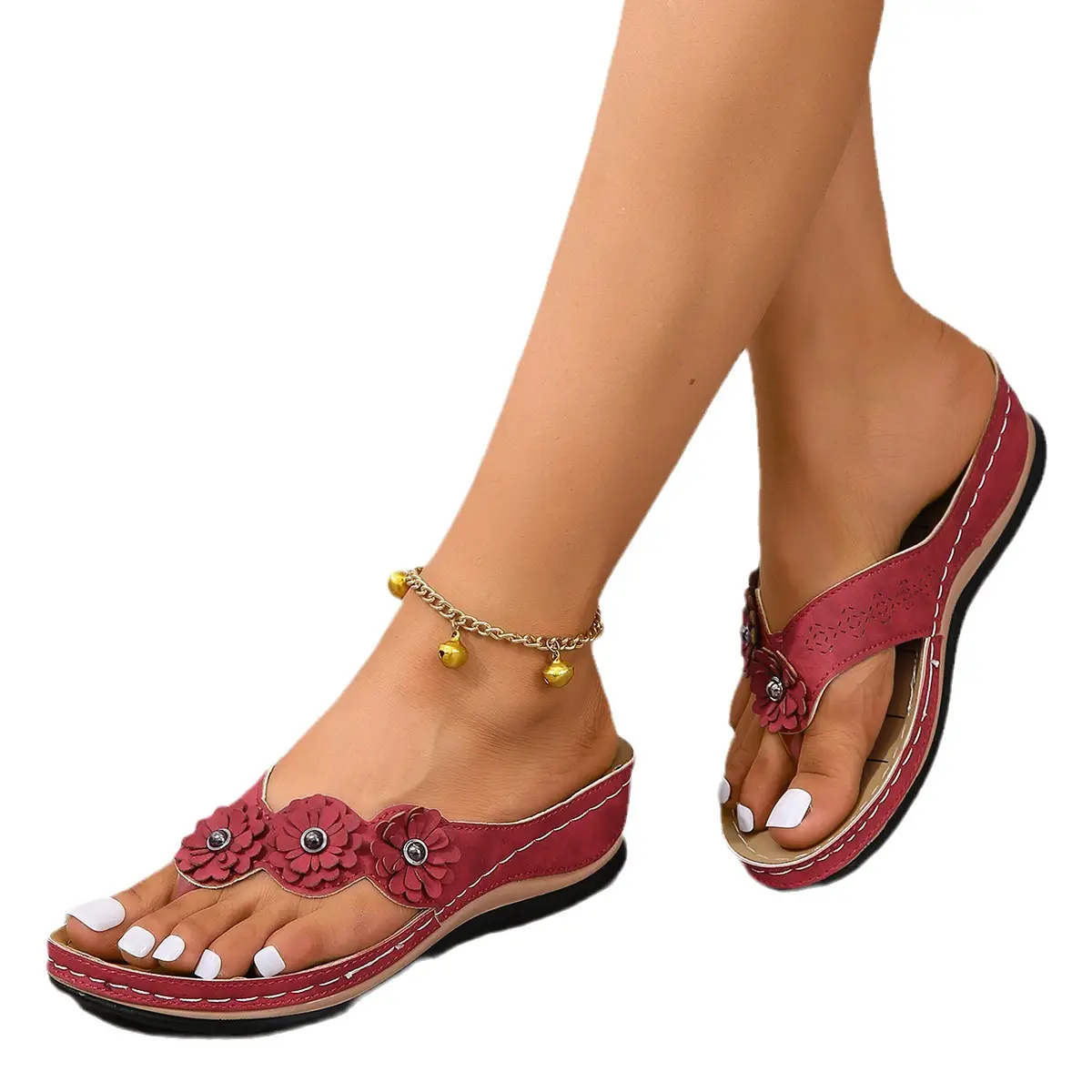 Women's 2023 Red Floral Flip-Flops with Thick Sole