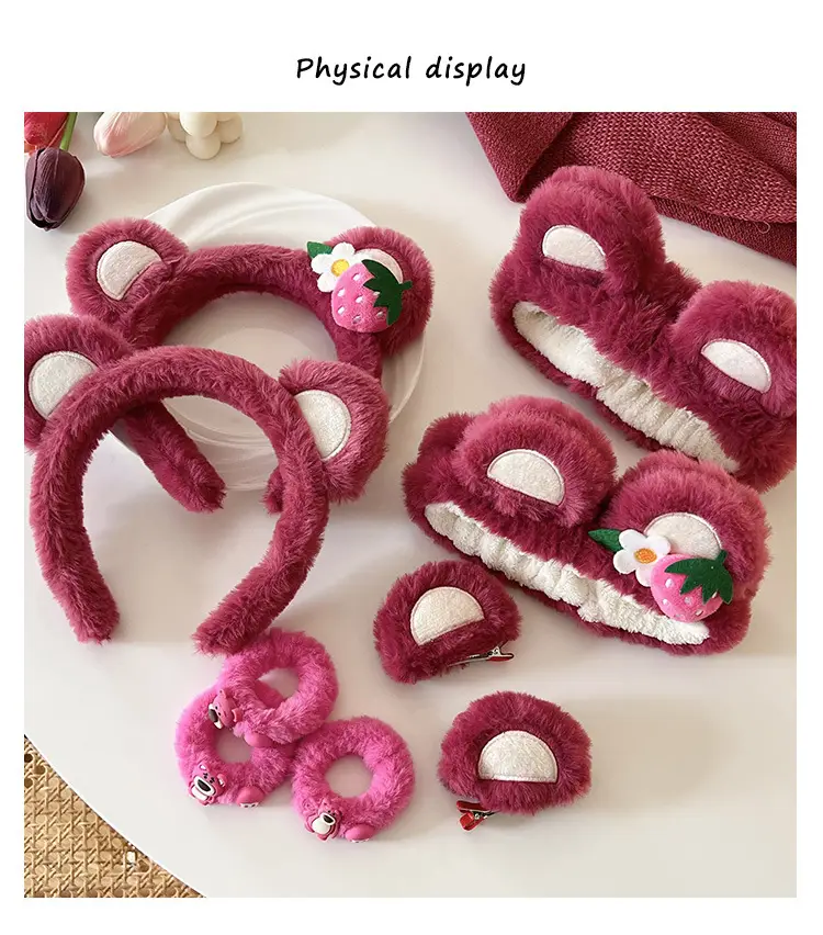 Pink Bear Face Wash Hair Hoop Women's Plush Set — feature 4