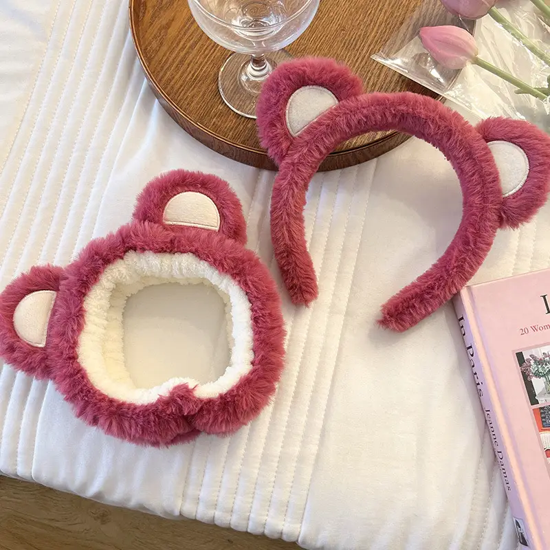 Pink Bear Face Wash Hair Hoop Women's Plush Set - Image 14
