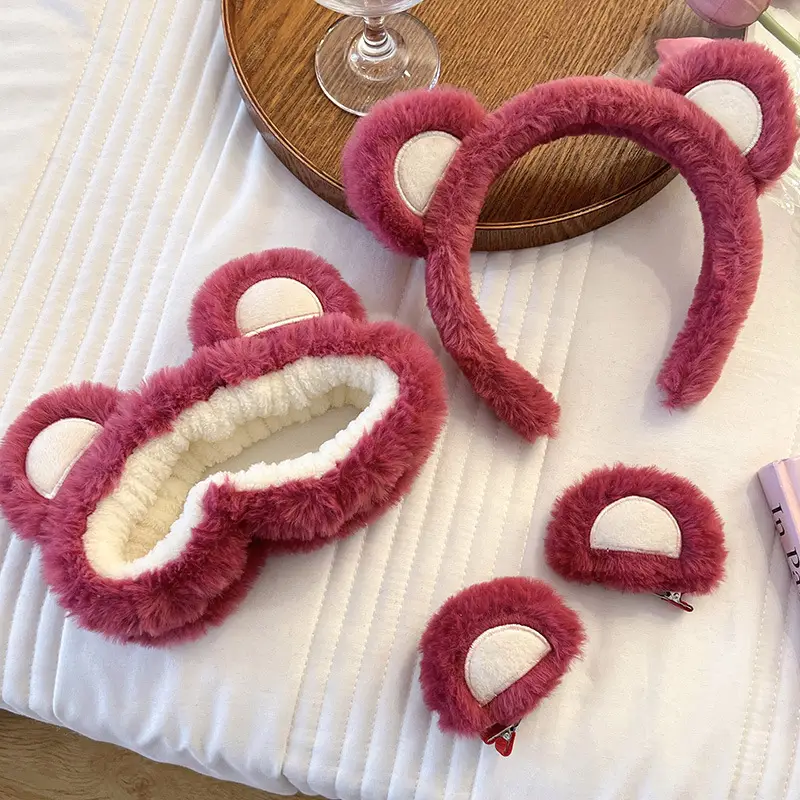 Pink Bear Face Wash Hair Hoop Women's Plush Set - Image 15