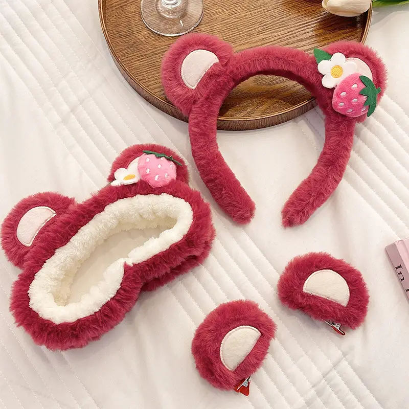 Pink Bear Face Wash Hair Hoop Women's Plush Set - Image 16