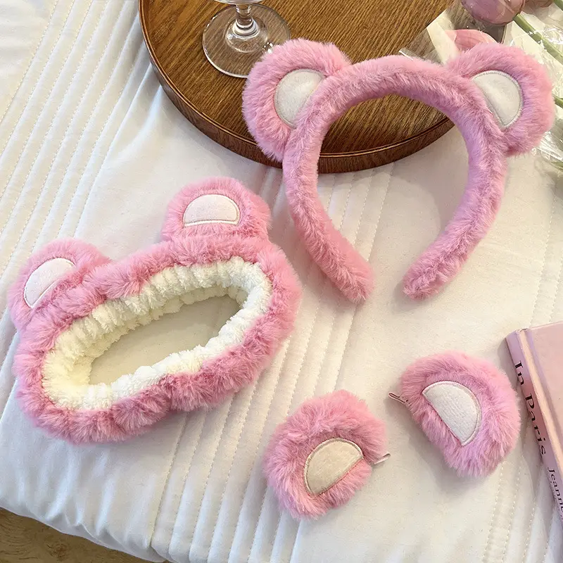 Pink Bear Face Wash Hair Hoop Women's Plush Set - Image 19