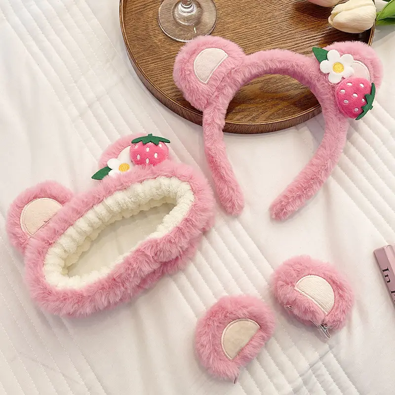 Pink Bear Face Wash Hair Hoop Women's Plush Set - Image 20