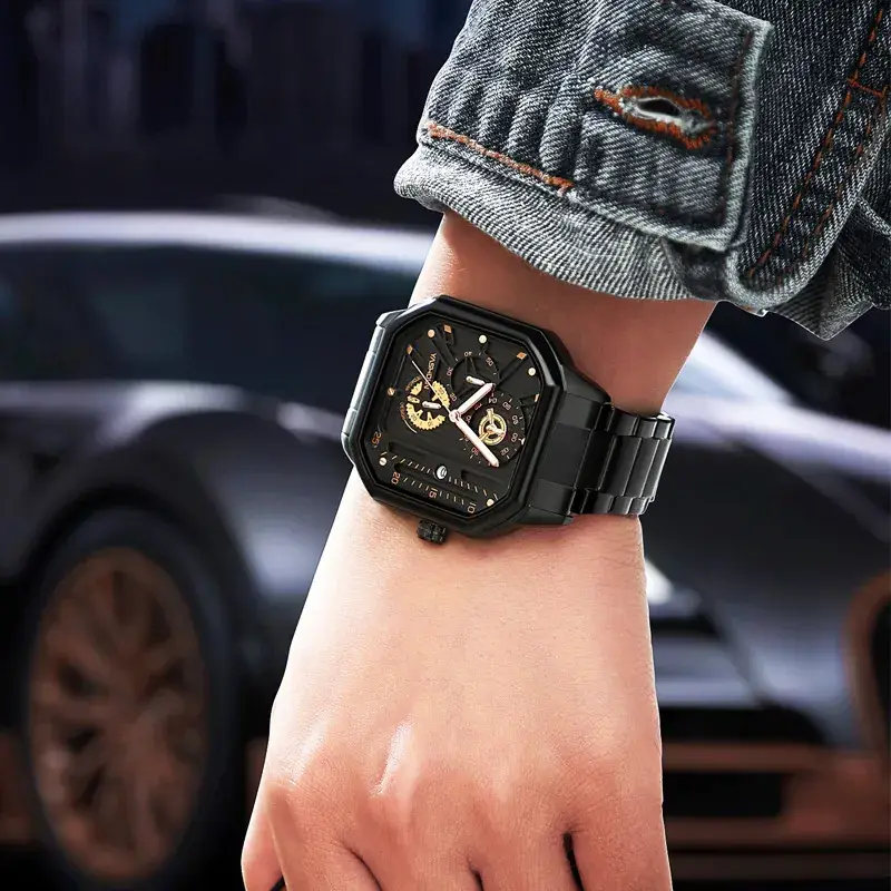 Men's Black Square Mechanical Watch with Lumen Dial - Image 9