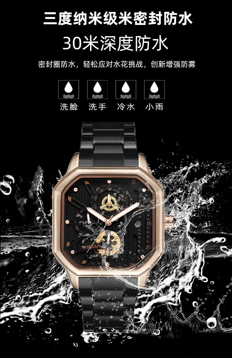 Men's Black Square Mechanical Watch with Lumen Dial — feature 9