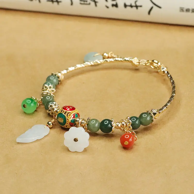 Aiyu Jade Green Bracelet with Leaf & Flower Charm - Image 3