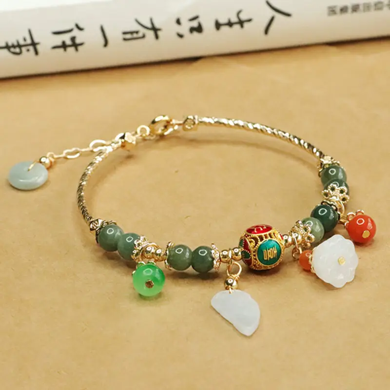 Aiyu Jade Green Bracelet with Leaf & Flower Charm - Image 4
