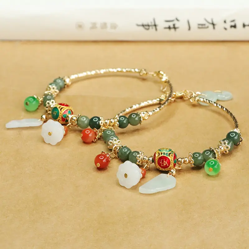 Aiyu Jade Green Bracelet with Leaf & Flower Charm - Image 5