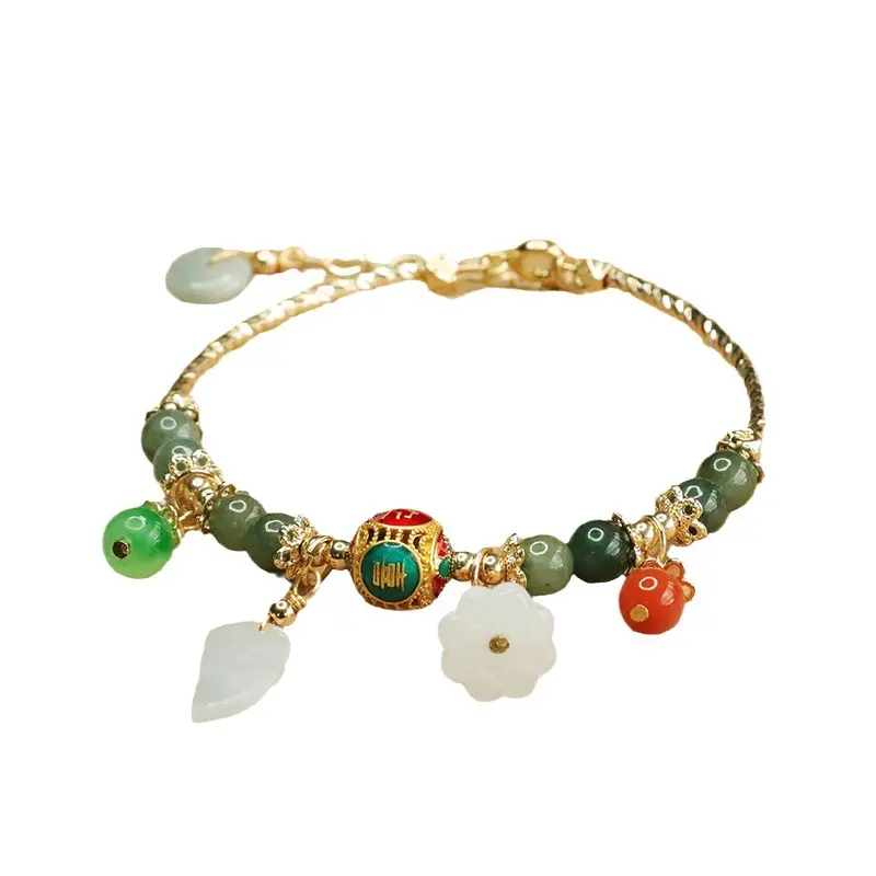 Aiyu Jade Green Bracelet with Leaf & Flower Charm - Image 6