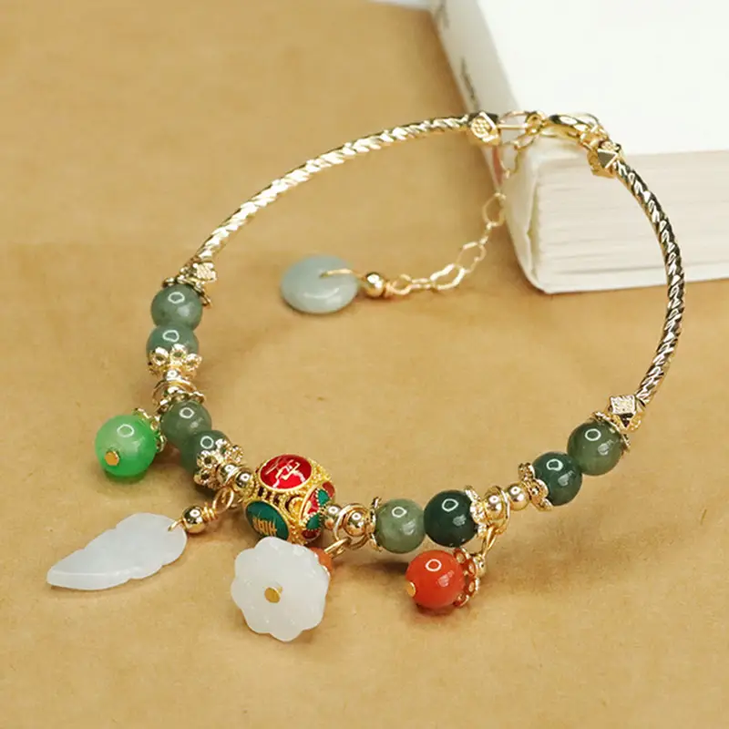 Aiyu Jade Green Bracelet with Leaf & Flower Charm — feature 7
