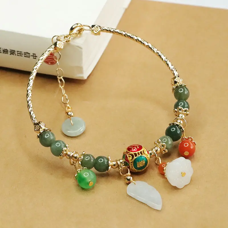 Aiyu Jade Green Bracelet with Leaf & Flower Charm — feature 9