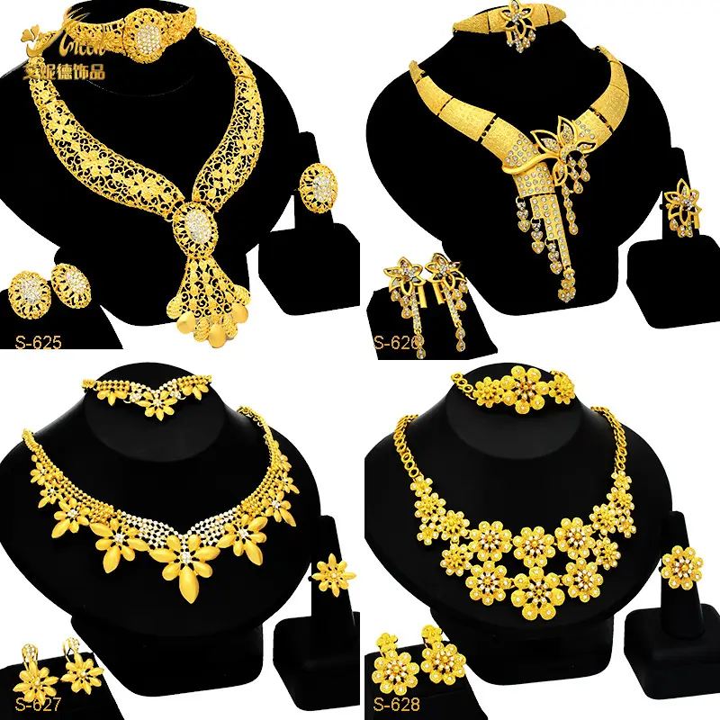 Nigeria Middle East bridal gold-plated jewelry suit flower exaggerated long necklace ring bracelet earrings four-piece set