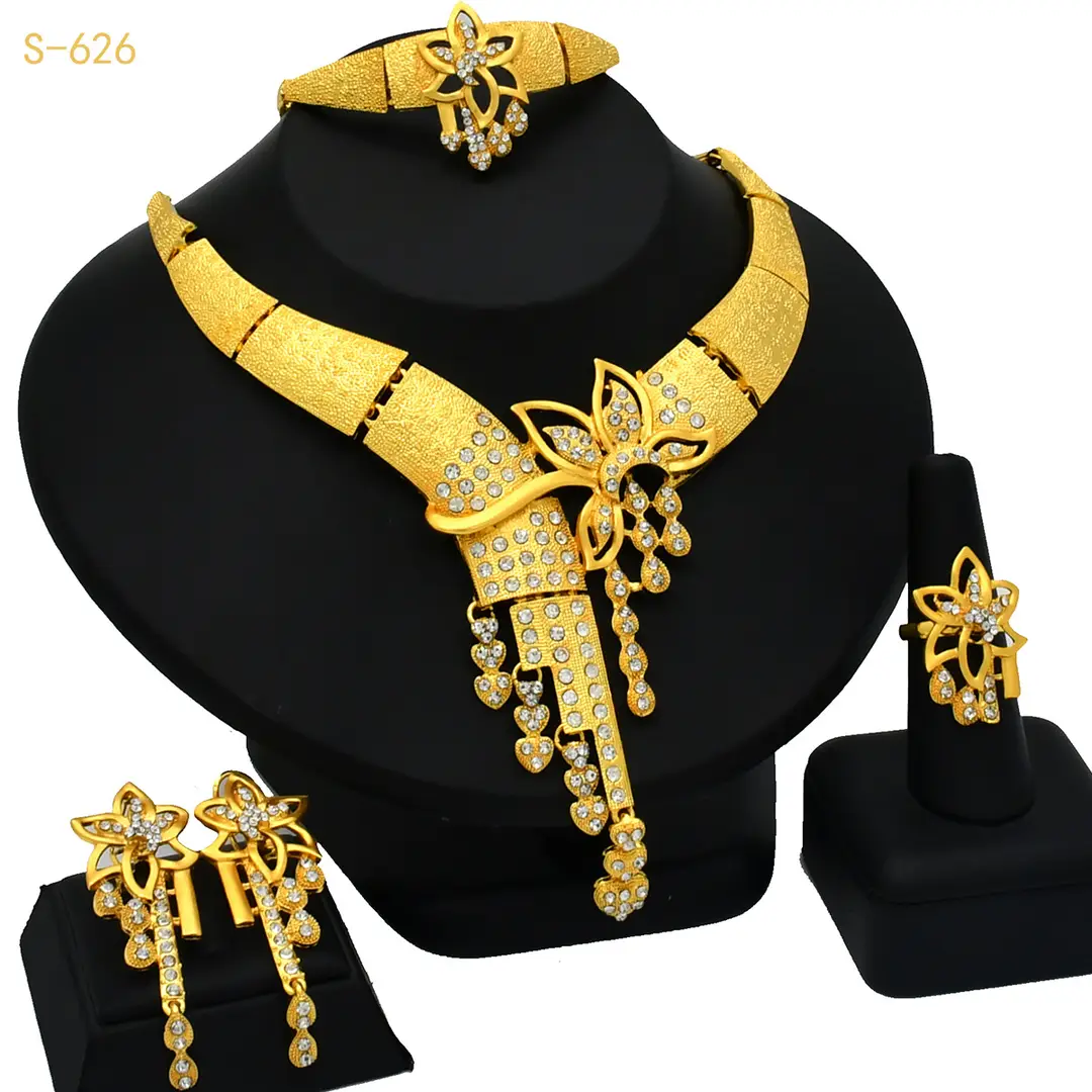 Nigeria Middle East bridal gold-plated jewelry suit flower exaggerated long necklace ring bracelet earrings four-piece set