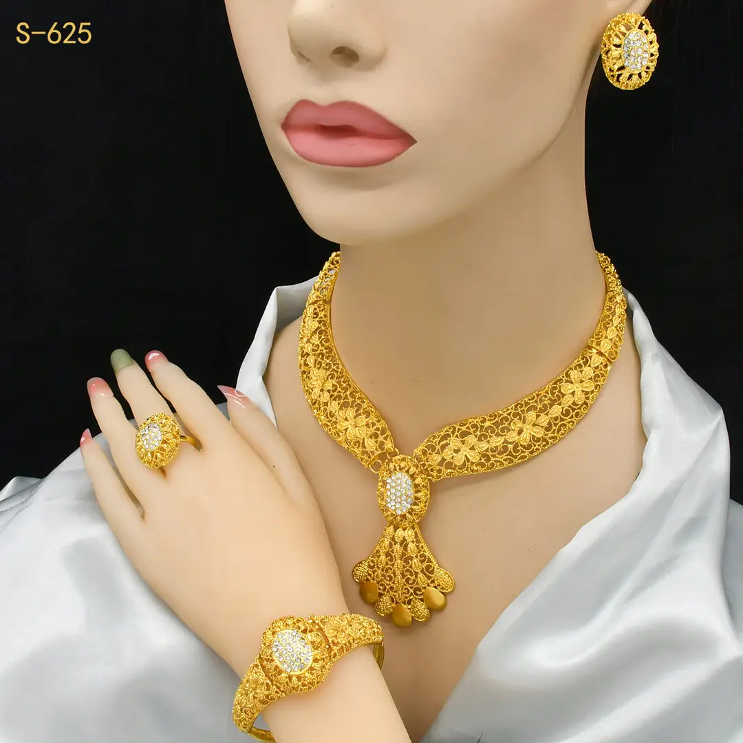 Nigeria Middle East bridal gold-plated jewelry suit flower exaggerated long necklace ring bracelet earrings four-piece set