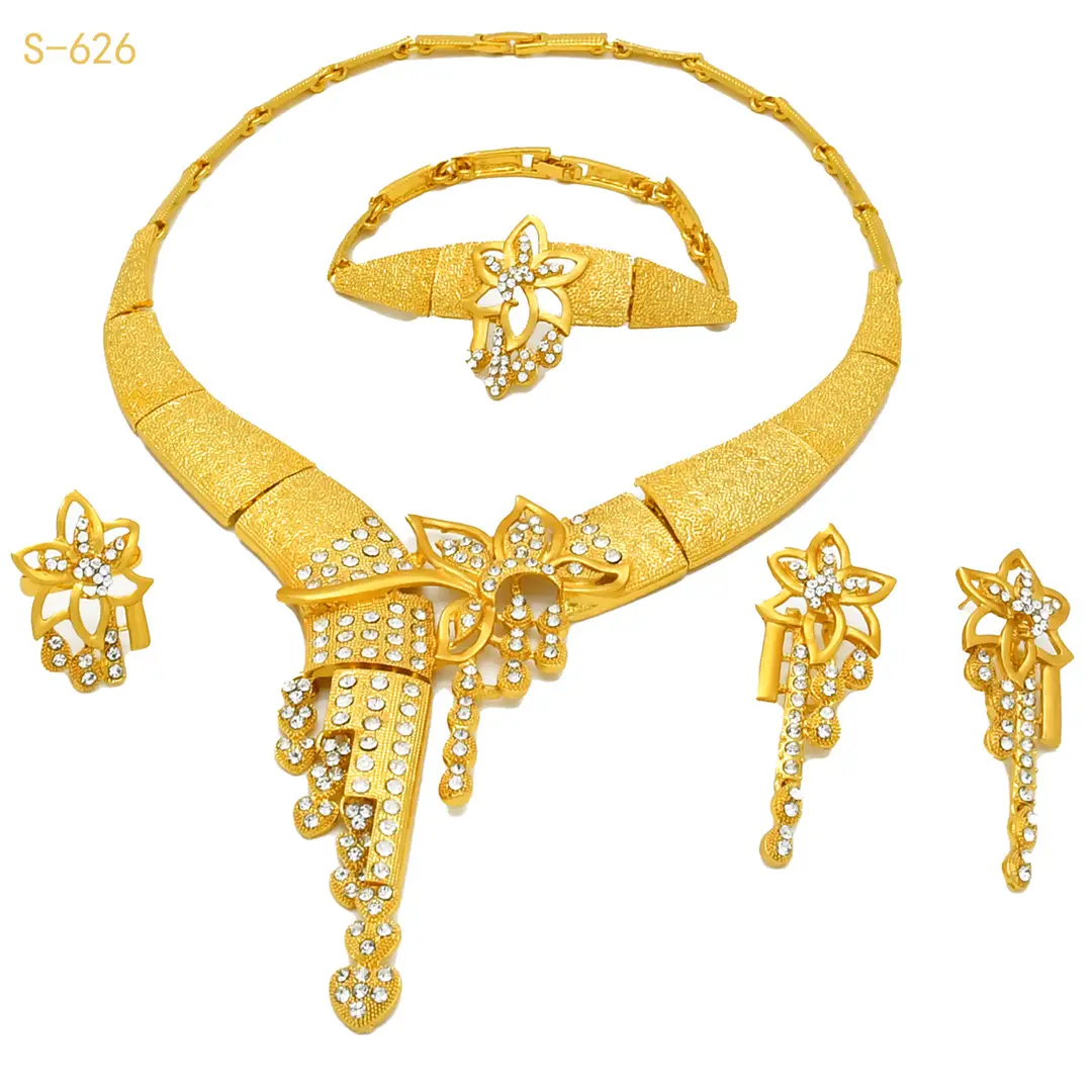 Nigeria Middle East bridal gold-plated jewelry suit flower exaggerated long necklace ring bracelet earrings four-piece set
