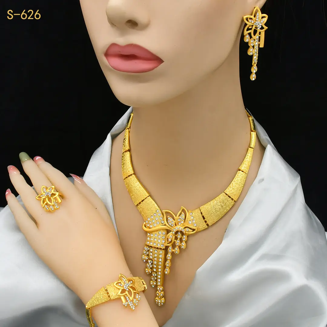 Nigeria Middle East bridal gold-plated jewelry suit flower exaggerated long necklace ring bracelet earrings four-piece set — feature 10