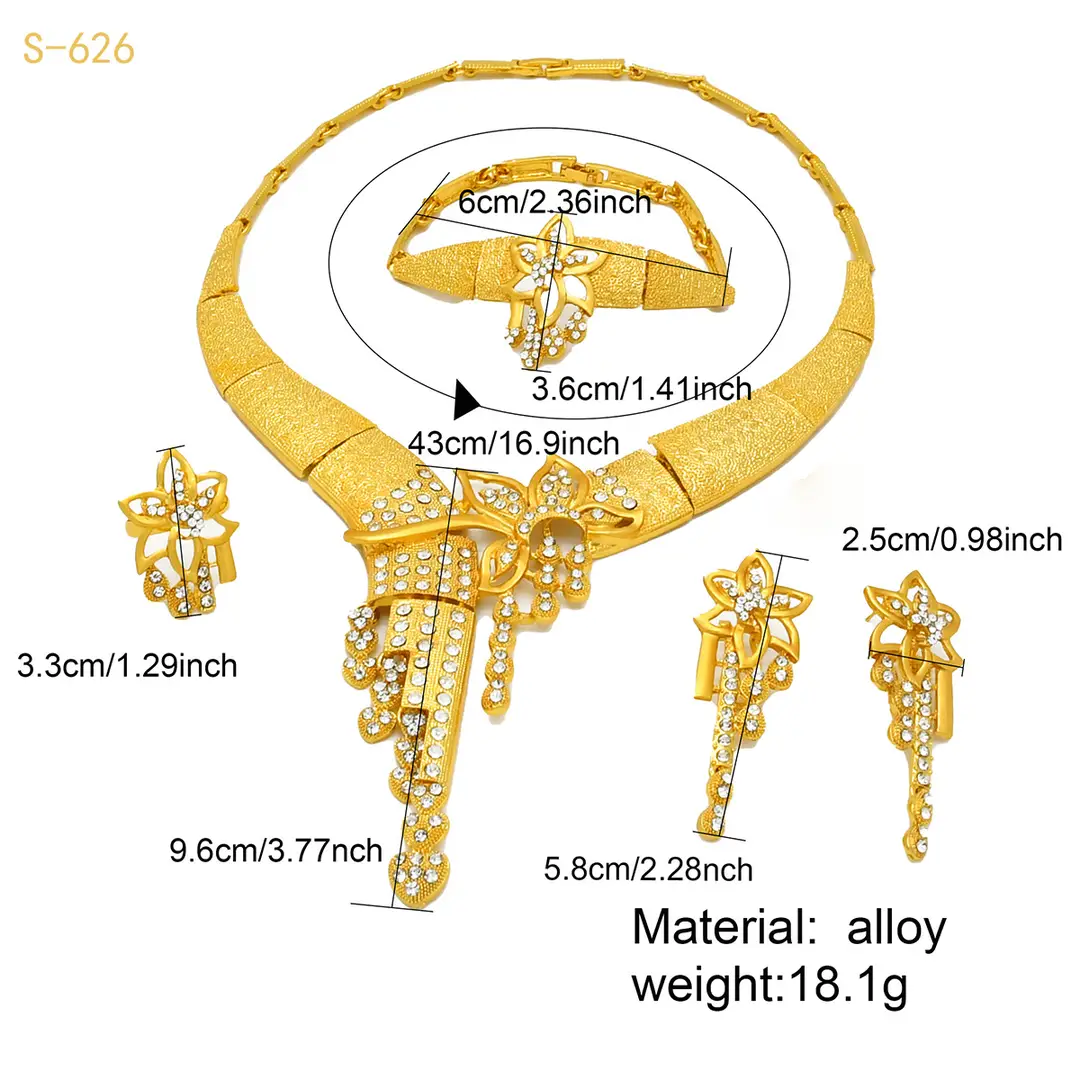 Nigeria Middle East bridal gold-plated jewelry suit flower exaggerated long necklace ring bracelet earrings four-piece set — feature 11
