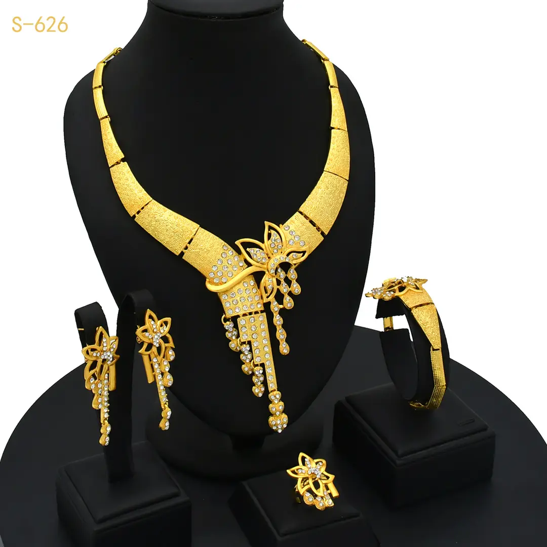 Nigeria Middle East bridal gold-plated jewelry suit flower exaggerated long necklace ring bracelet earrings four-piece set — feature 12