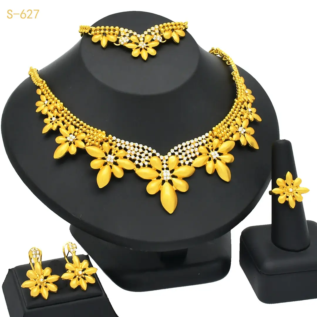 Nigeria Middle East bridal gold-plated jewelry suit flower exaggerated long necklace ring bracelet earrings four-piece set — feature 13