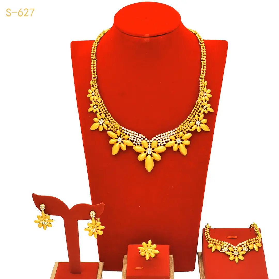 Nigeria Middle East bridal gold-plated jewelry suit flower exaggerated long necklace ring bracelet earrings four-piece set — feature 14