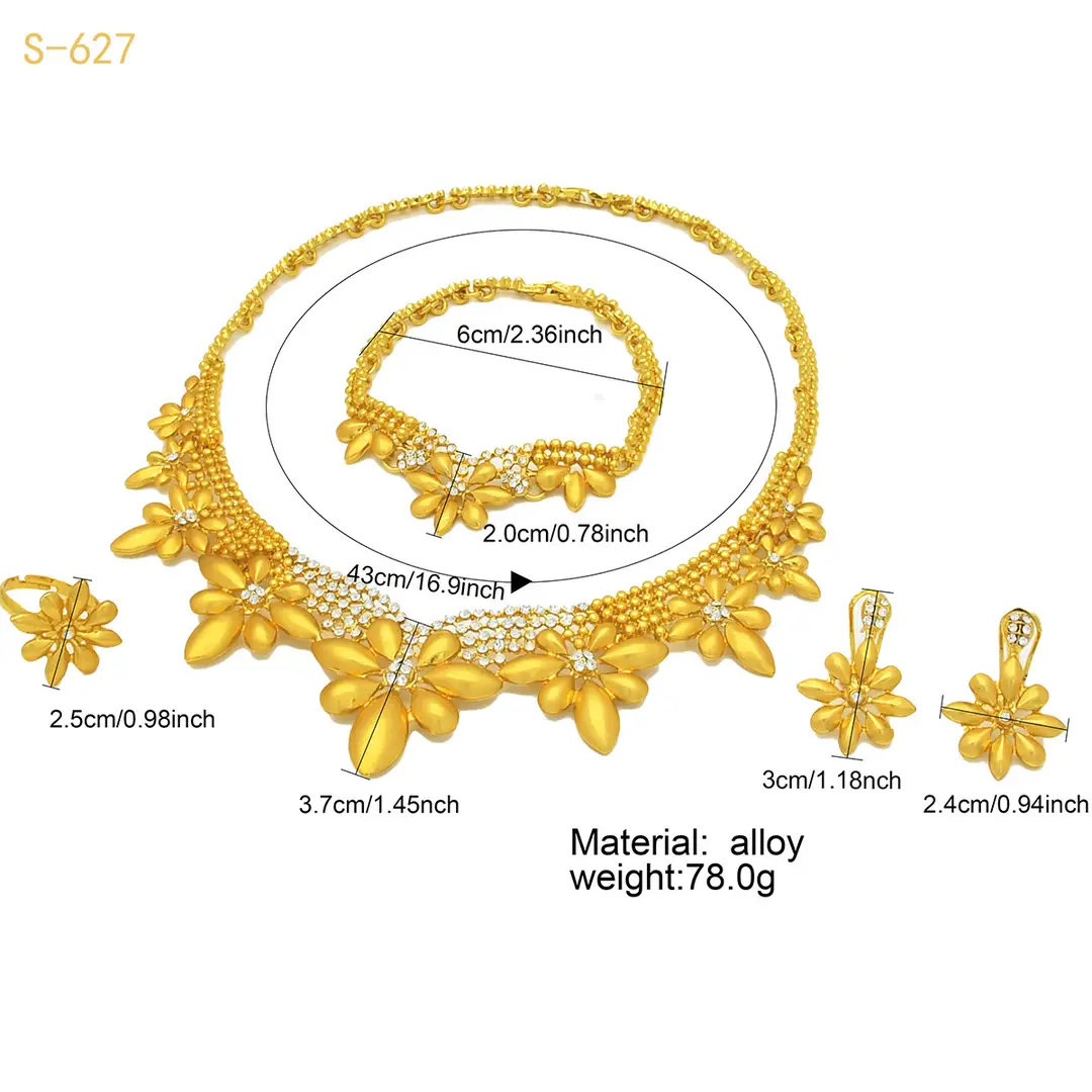 Nigeria Middle East bridal gold-plated jewelry suit flower exaggerated long necklace ring bracelet earrings four-piece set — feature 15