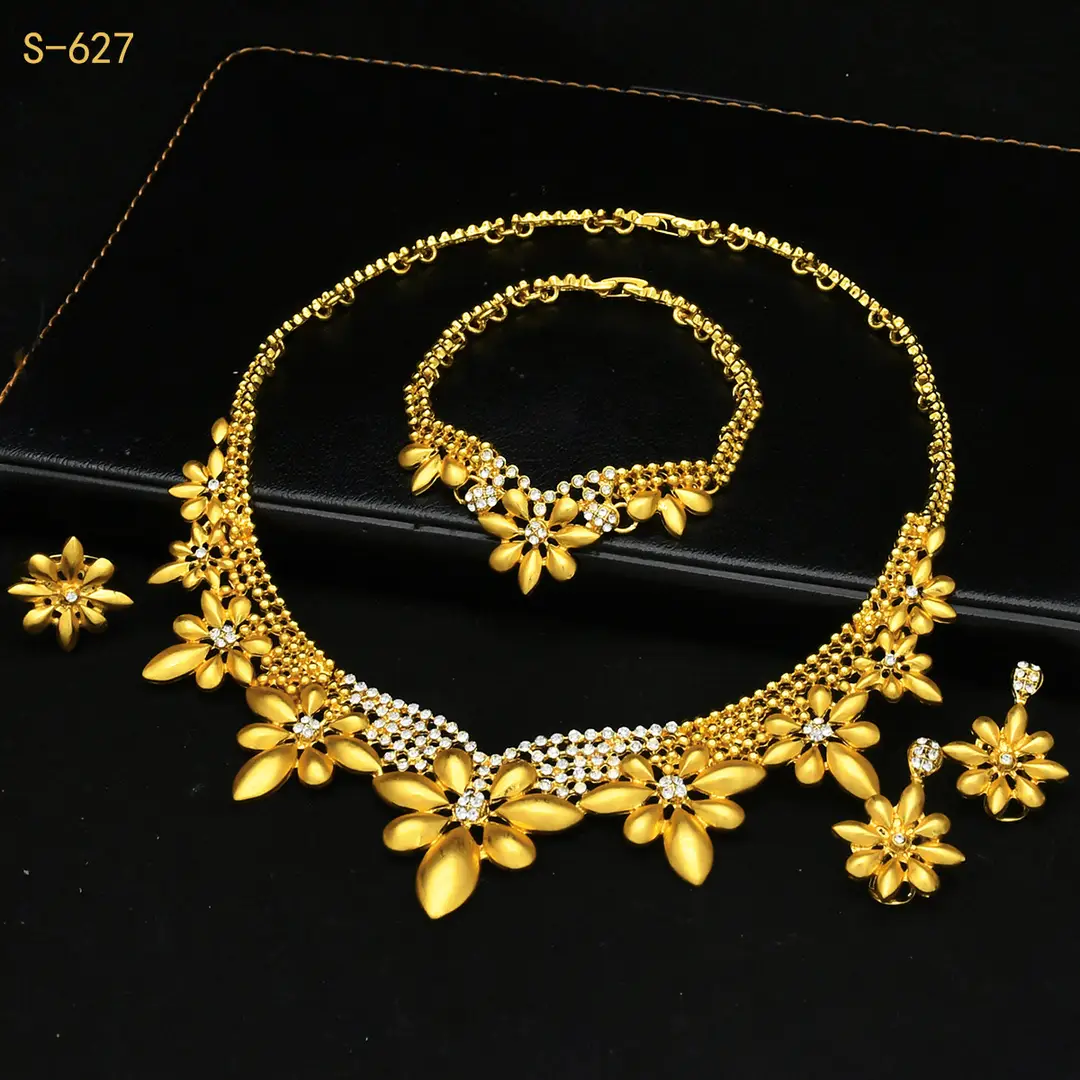 Nigeria Middle East bridal gold-plated jewelry suit flower exaggerated long necklace ring bracelet earrings four-piece set — feature 16