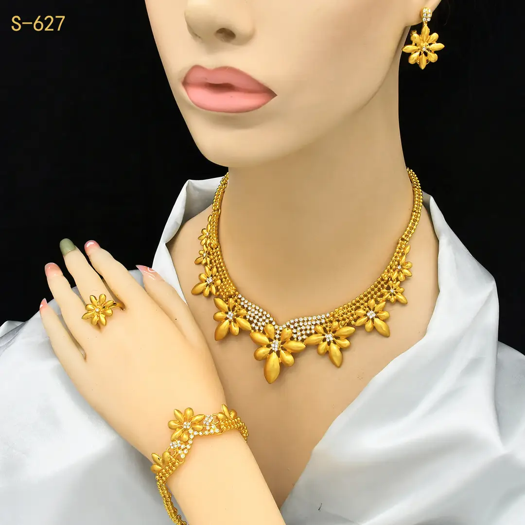 Nigeria Middle East bridal gold-plated jewelry suit flower exaggerated long necklace ring bracelet earrings four-piece set — feature 17