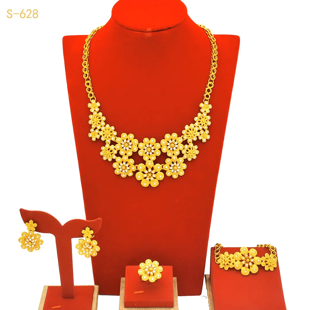 Nigeria Middle East bridal gold-plated jewelry suit flower exaggerated long necklace ring bracelet earrings four-piece set — feature 19
