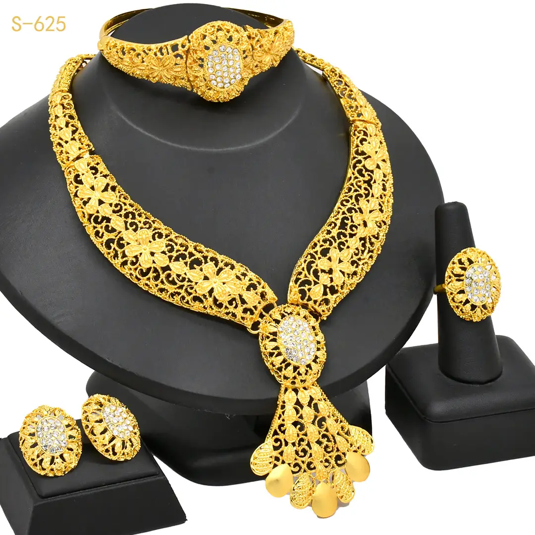 Nigeria Middle East bridal gold-plated jewelry suit flower exaggerated long necklace ring bracelet earrings four-piece set — feature 2
