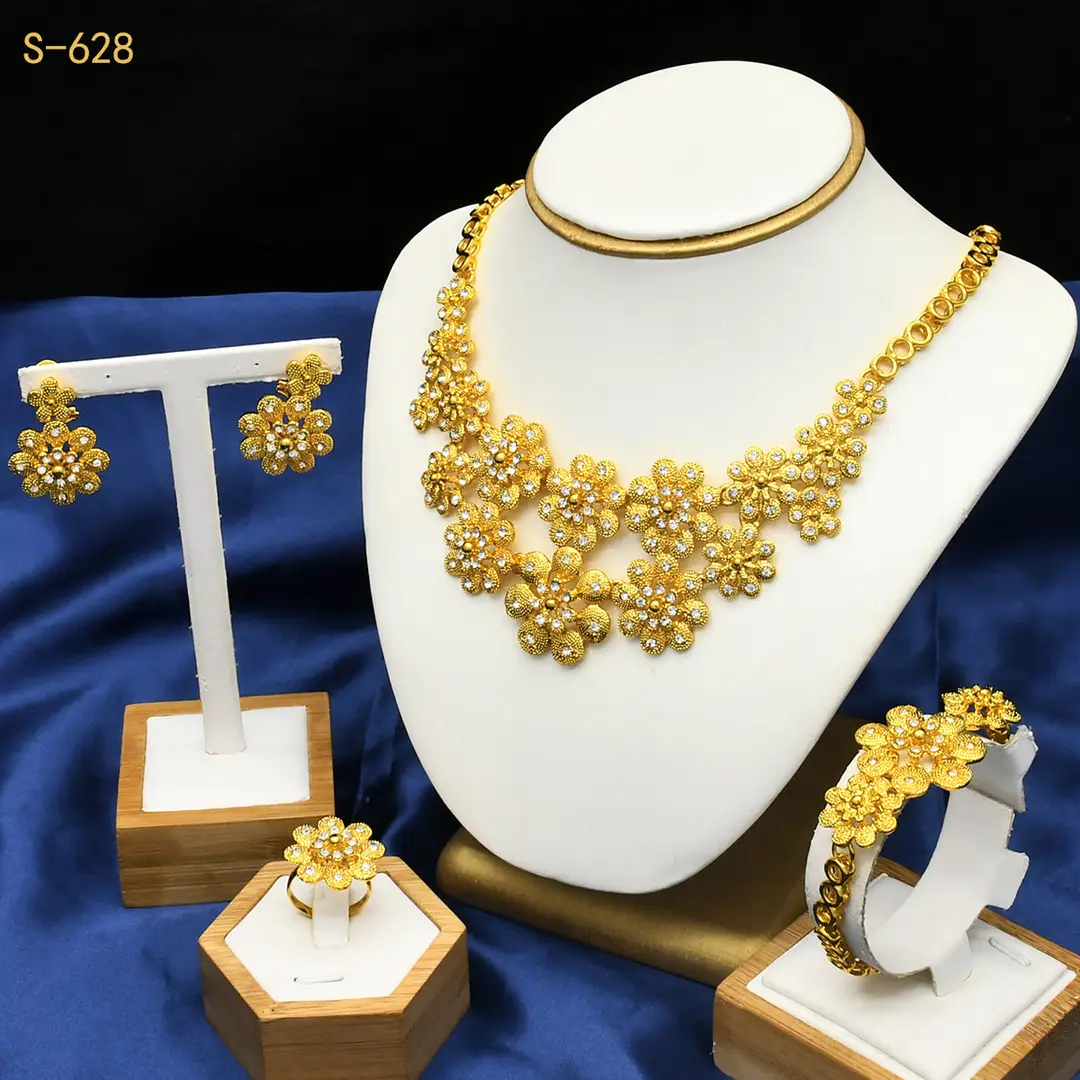 Nigeria Middle East bridal gold-plated jewelry suit flower exaggerated long necklace ring bracelet earrings four-piece set — feature 20