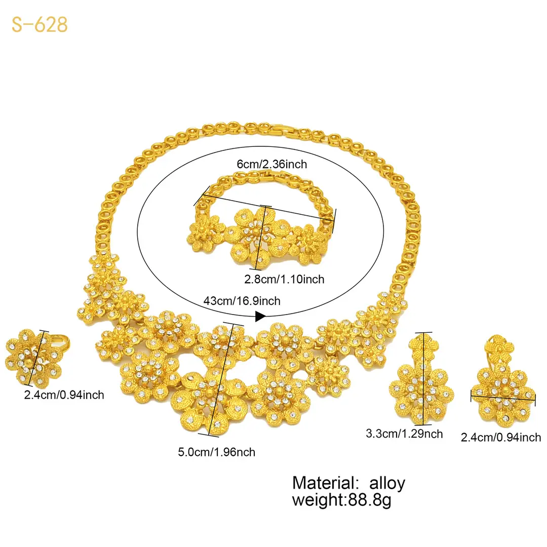 Nigeria Middle East bridal gold-plated jewelry suit flower exaggerated long necklace ring bracelet earrings four-piece set — feature 21