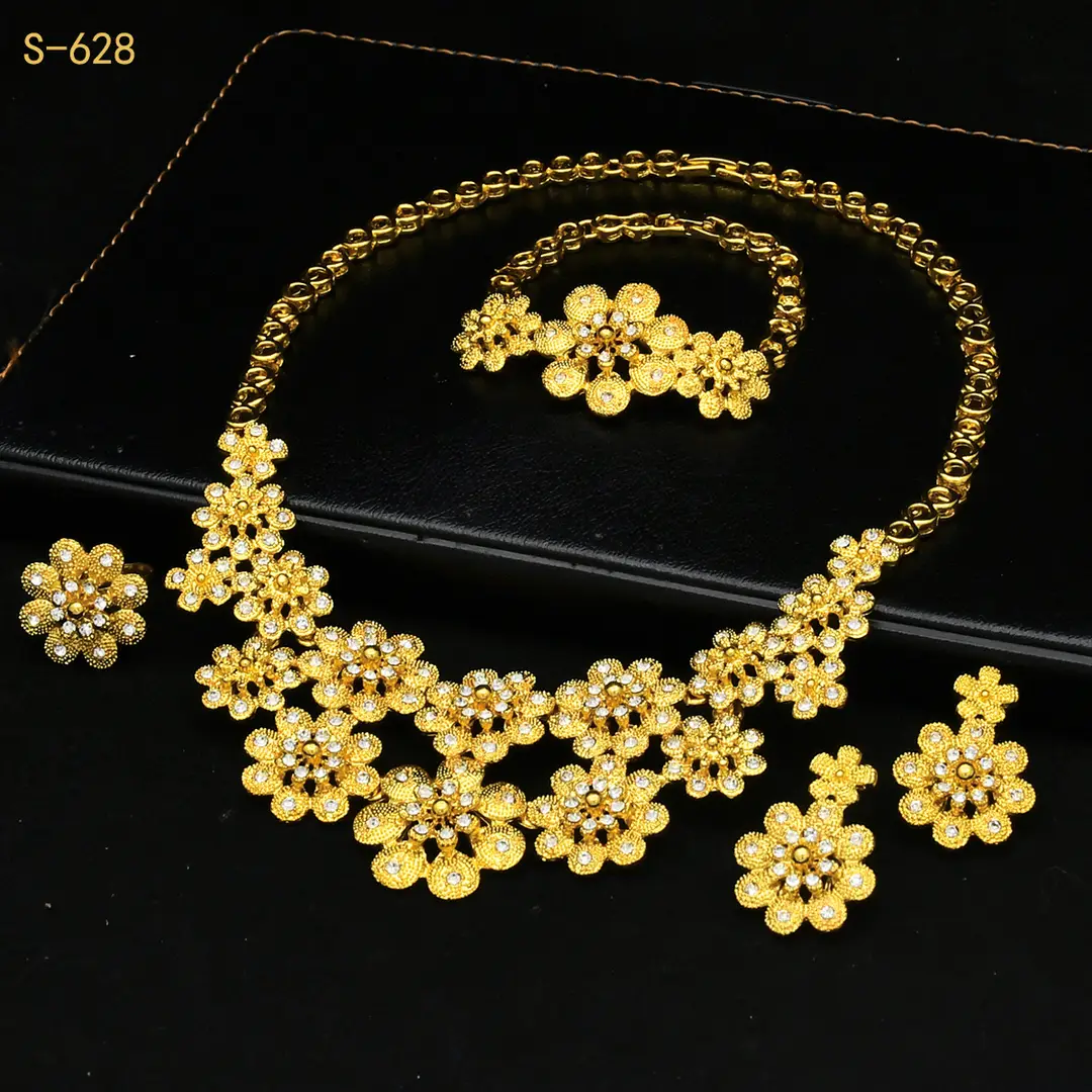Nigeria Middle East bridal gold-plated jewelry suit flower exaggerated long necklace ring bracelet earrings four-piece set — feature 22