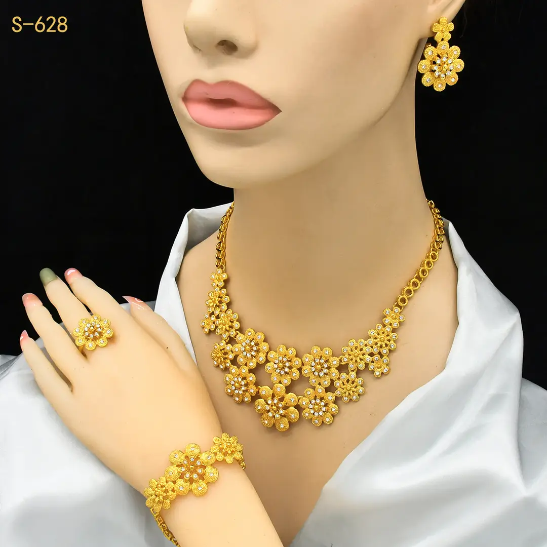 Nigeria Middle East bridal gold-plated jewelry suit flower exaggerated long necklace ring bracelet earrings four-piece set — feature 23