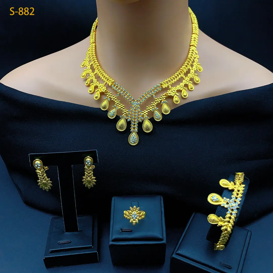 Nigeria Middle East bridal gold-plated jewelry suit flower exaggerated long necklace ring bracelet earrings four-piece set — feature 24