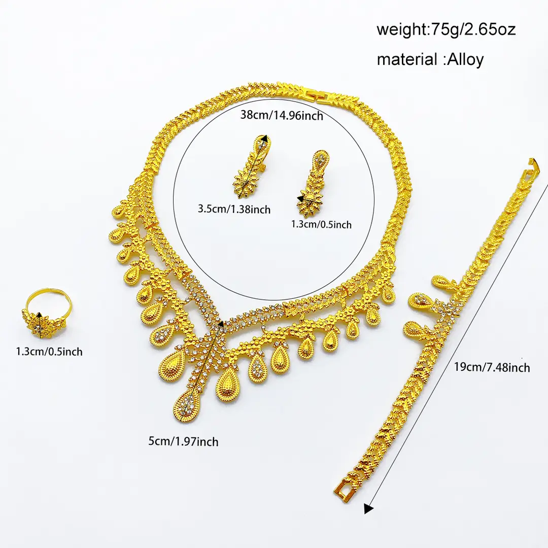 Nigeria Middle East bridal gold-plated jewelry suit flower exaggerated long necklace ring bracelet earrings four-piece set — feature 25
