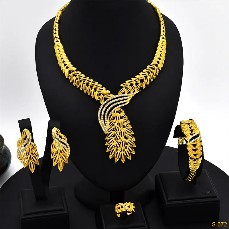 Nigeria Middle East bridal gold-plated jewelry suit flower exaggerated long necklace ring bracelet earrings four-piece set — feature 27