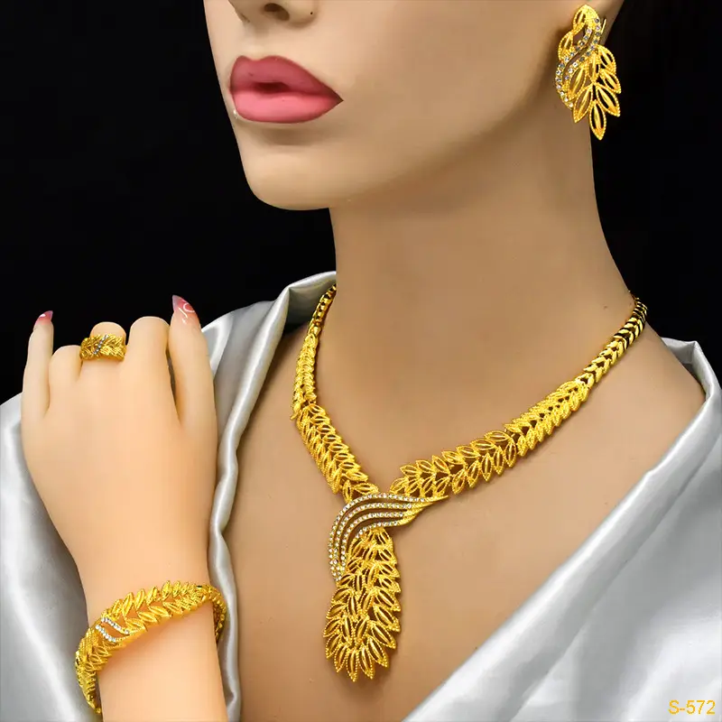 Nigeria Middle East bridal gold-plated jewelry suit flower exaggerated long necklace ring bracelet earrings four-piece set — feature 29
