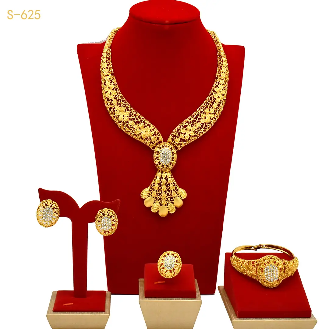 Nigeria Middle East bridal gold-plated jewelry suit flower exaggerated long necklace ring bracelet earrings four-piece set — feature 3