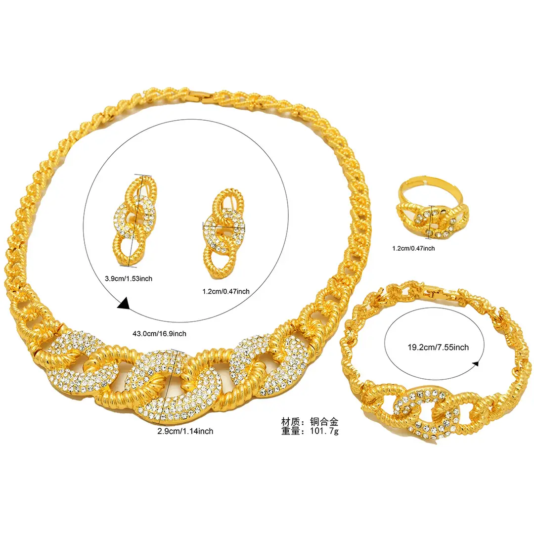 Nigeria Middle East bridal gold-plated jewelry suit flower exaggerated long necklace ring bracelet earrings four-piece set — feature 32