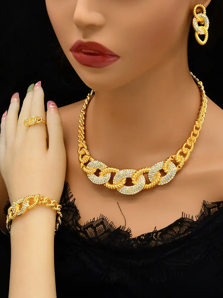 Nigeria Middle East bridal gold-plated jewelry suit flower exaggerated long necklace ring bracelet earrings four-piece set — feature 33